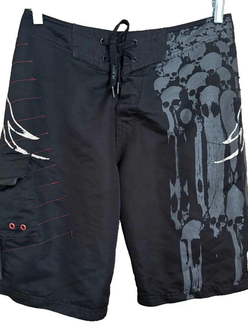 Rusty Mens Y2K Black Skull Graphic Board Shorts Sz 34 Lace Up Goth Surfer Skater